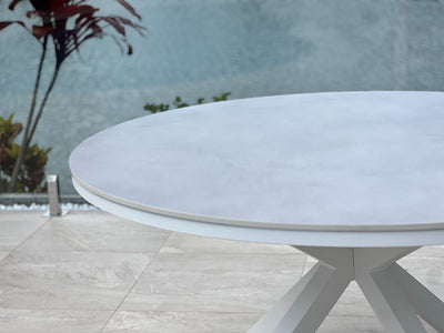 Adele Ceramic Round Outdoor Dining Table in White / Light Grey / 140cm 2.