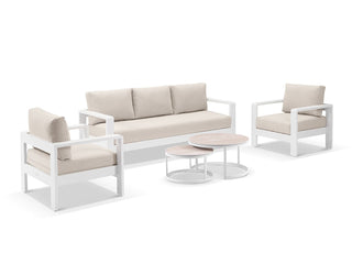 Malibu Sofa  | Outdoor Lounge Setting in White / Beech / 5 Seater / Milos Coffee Table Set_1