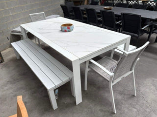 MELB FLOORSTOCK SALE - Mona Ceramic Extension Table with Adele Bench and Sevilla Rope Chairs 4pc Outdoor Dining Setting_1