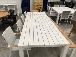 MELB CLEARANCE- Adele Table with Sevilla Chairs and Corfu Bench 7pc Outdoor Dining Setting_1