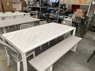 MELB CLEARANCE - Mona Ceramic Extension Table with Geo Bench & Armless Serang Dining Chairs_1