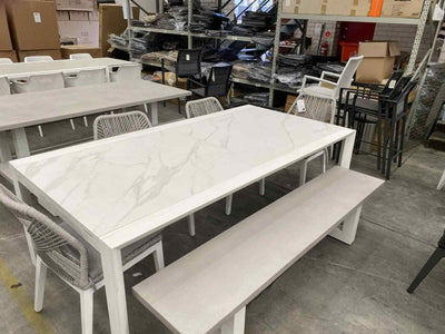 MELB CLEARANCE - Mona Ceramic Extension Table with Geo Bench & Armless Serang Dining Chairs_1
