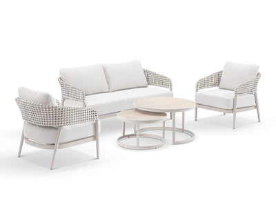 Noosa Sofa Set | Outdoor Lounge Setting in Dune / Drift / Vanilla / Milos Coffee Table