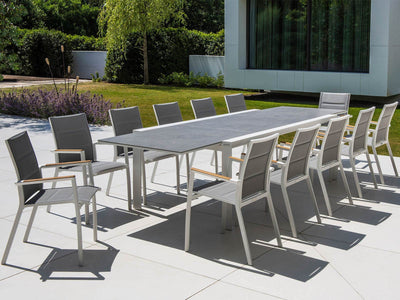 Mona Ceramic Extension Table with Sevilla Teak Arm Chairs -13pc Outdoor Dining Setting_1