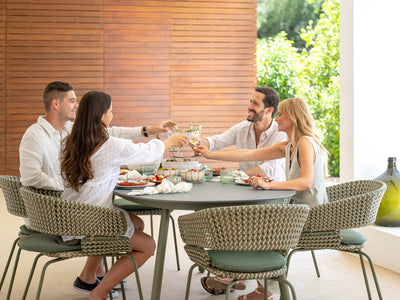 Phil Table & Phil Chairs | Outdoor Dining Setting in Green / Chester Green / Forest Fog 13
