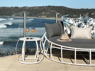 Purist Outdoor Side Table in White - side view.