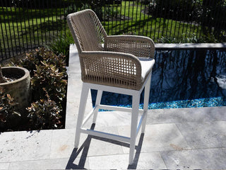 Adele Ceramic Round Table & Serang Chairs | Outdoor Bar Setting in White / Travertino / Biscuit / 3pc 72cm_4