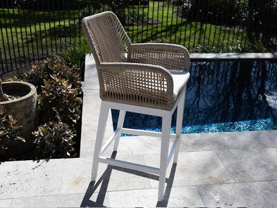 Adele Ceramic Round Table & Serang Chairs | Outdoor Bar Setting in White / Travertino / Biscuit / 3pc 72cm_4