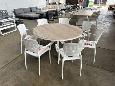 SYD FLOORSTOCK SALE - Adele Ceramic 140cm Round Table with Safira Chairs 8pc Dining Setting_1