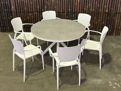 SYD FLOORSTOCK SALE - Adele Round Ceramic Table with Safira Chairs 7pc Outdoor Dining Setting_1