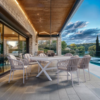 Treble Outdoor Dining Chair in White / Latte / Silver Beige 3.