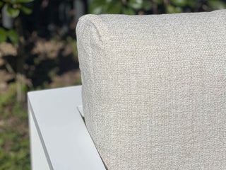 Twain Outdoor Dining Chair in White / Pebble - close-up.