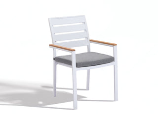 Twain Teak Arm Outdoor Dining Chair in White / Mist