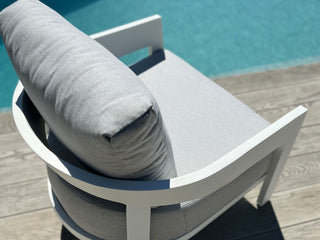 Ubud Outdoor Armchair in White / Grey Chine - close-up.