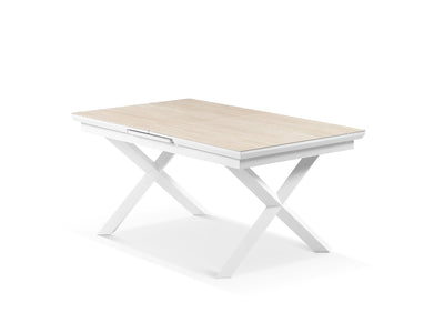 outdoor ceramic extension table- travertino top with white cross leg base